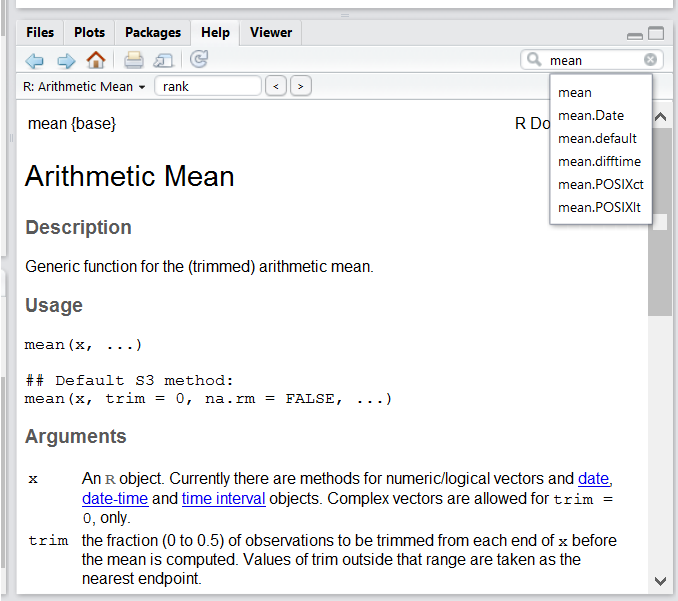 RStudio help interface