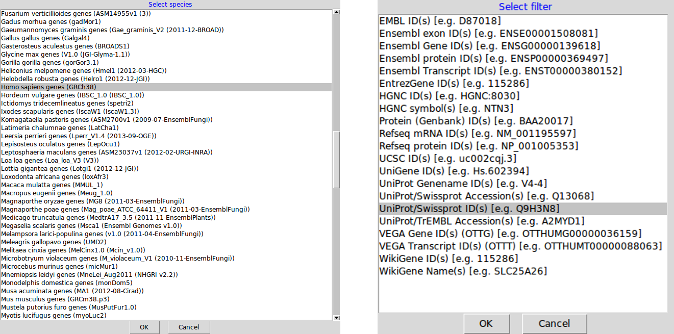 Selecting species (left) and feature type (right) to create an AnnotationParams instance for the human andy2011 data.