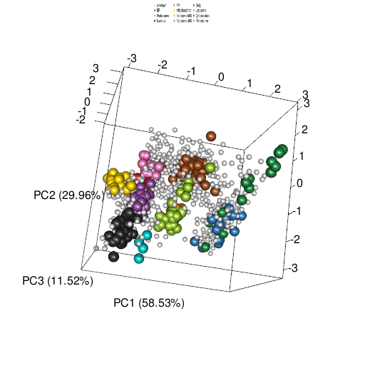 Snapshot of the 3-dimensional PCA plot. The tan2009r1 data is represented along the first 3 principal components.
